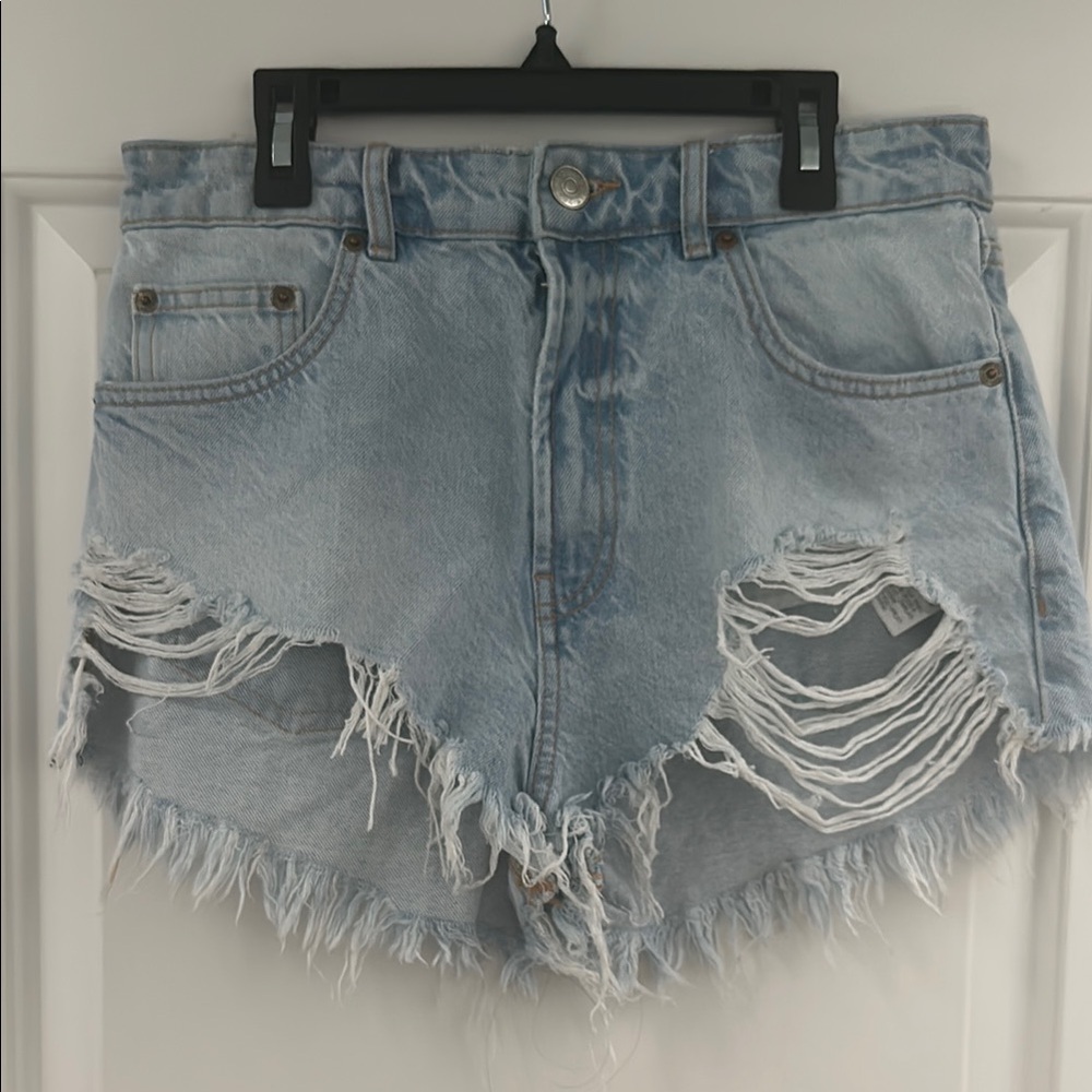 Zara Blue Jean Shorts Distressed Cut-Off